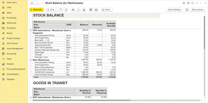 رصيد المخزون حسب المستودع، مع توضيح الكميات المحجوزة، والمتوفرة، والتي لا تزال قيد النقل