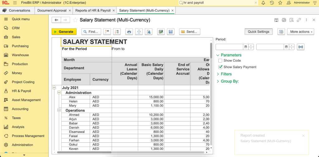 Salary statement in FirstBit ERP
