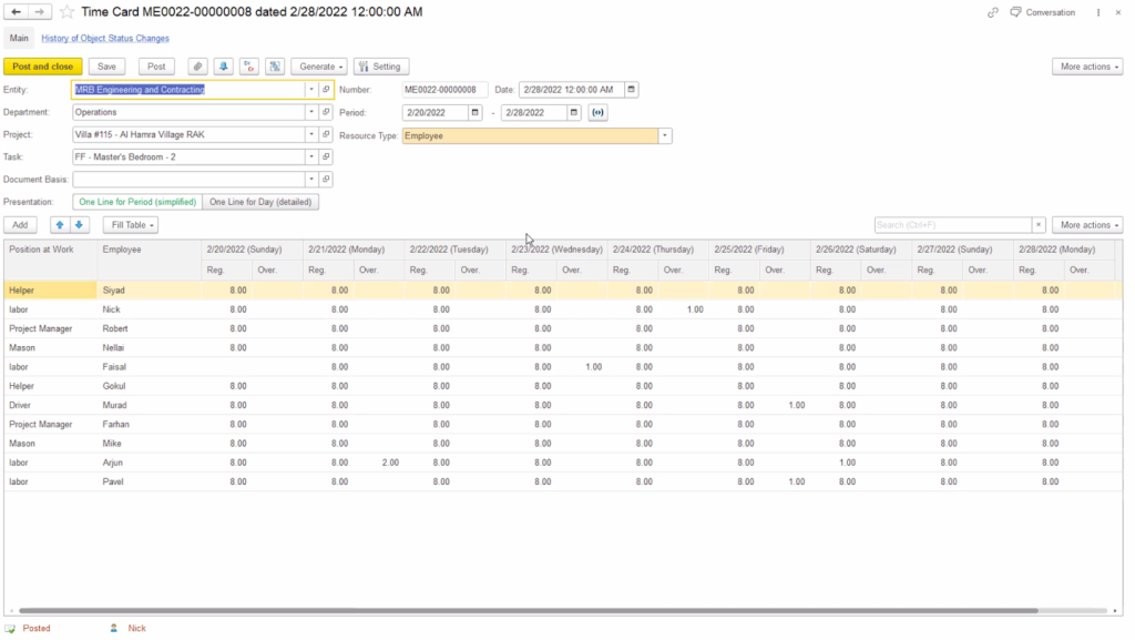 Time tracking and employee timesheets in FirstBit ERP Contracting