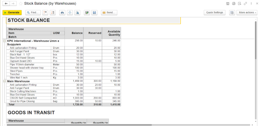 تقرير توازن المخزون حسب المستودعات في نظام FirstBit ERP