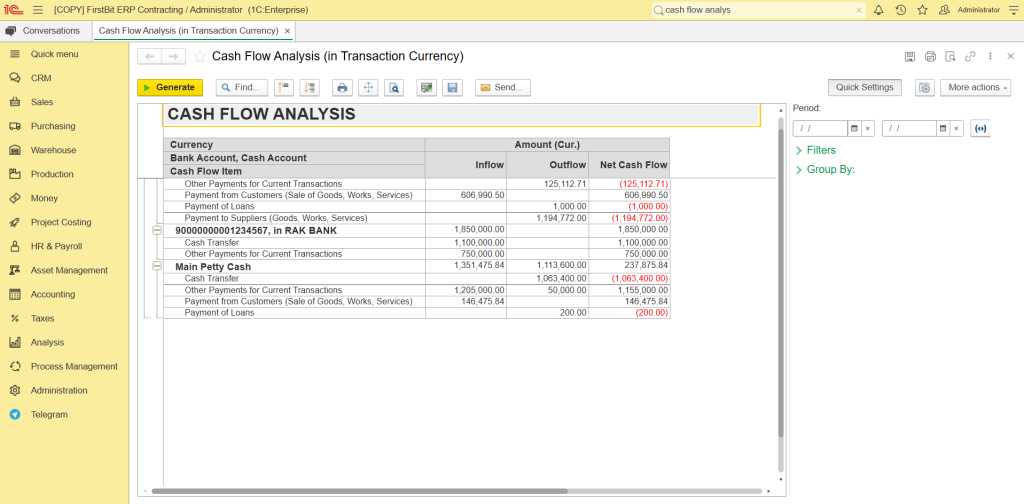 Project cost analysis with planned vs actual comparison in FirstBit ERP