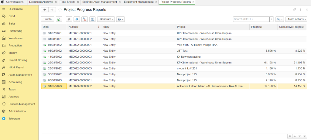 تقرير تقدم المشروع في نظام FirstBit ERP