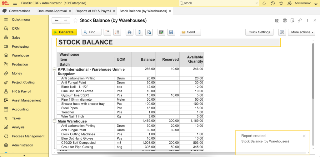 Stock balance report in FirstBit ERP